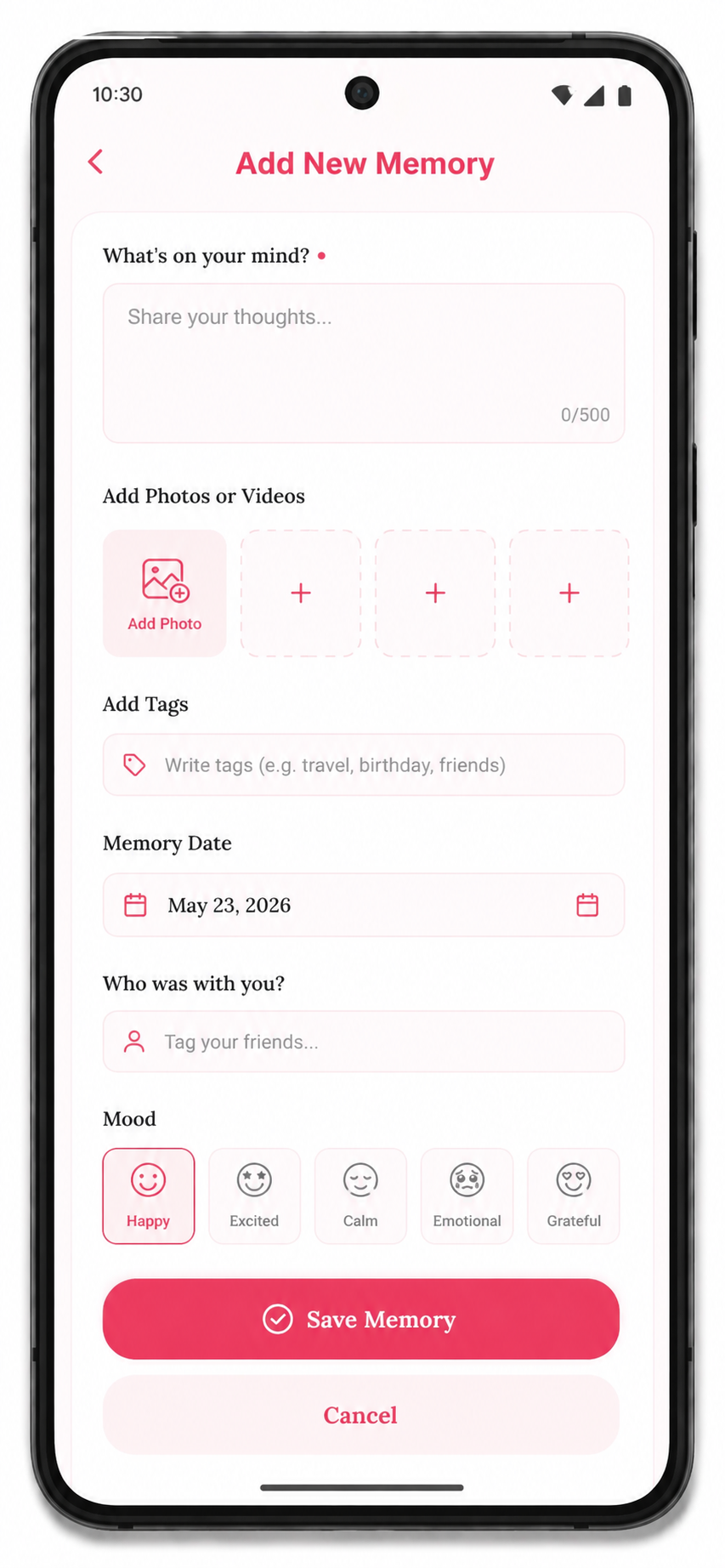 MemoDate Add Memory screen